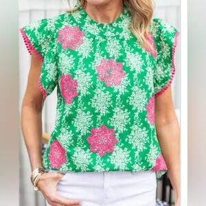 Green and Pink Floral Top by THML